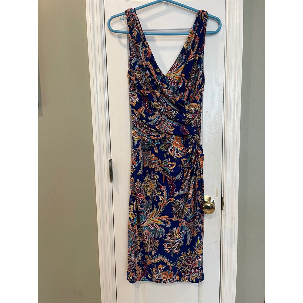 Lauren Ralph Lauren Blue Paisley V-Neck Ruched Sheath Dress Size 4